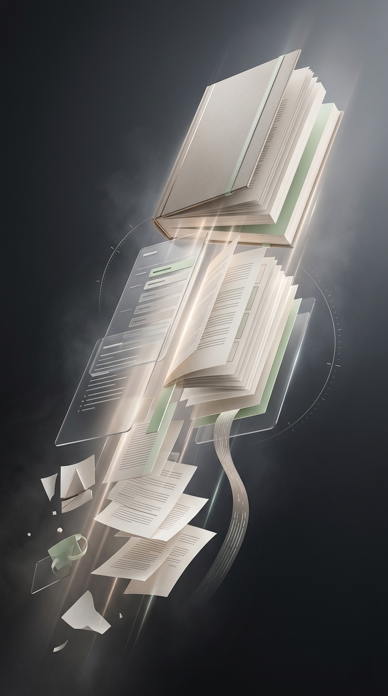 Abstract visual representing faster book creation from idea to finished draft.
